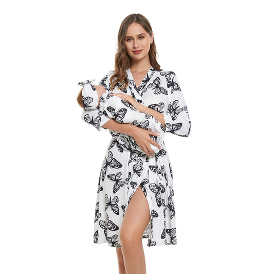 RWRWMOONPUT Mommy Robe for Maternity and Baby Swaddle Blanket,Matching Mommy Labor Delivery Robe and Receiving Blanket Set Pink Ditsy