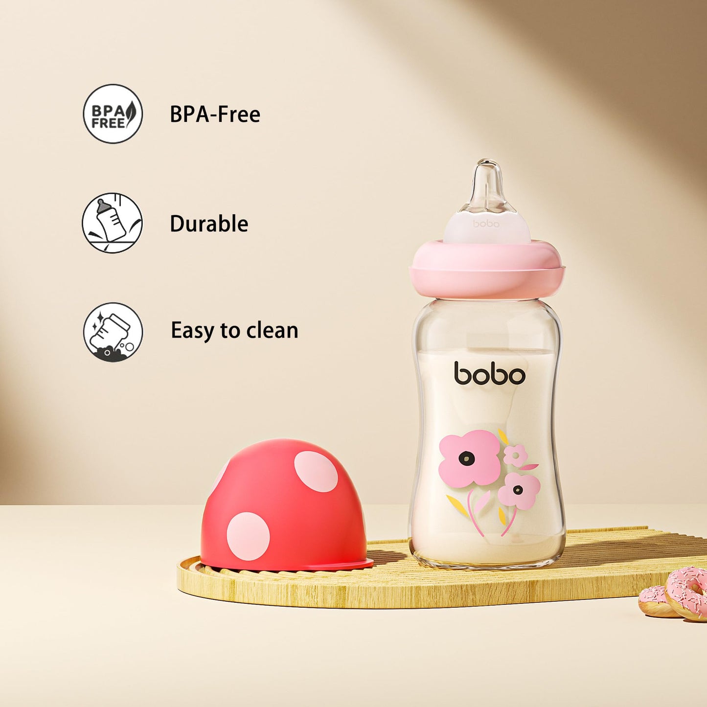 YOHKOH Natural Glass Baby Bottle with Natural Response Nipple, Newborn Anti-Colic Baby Bottles, Wide Neck Mushroom Cap Baby Bottle, Clear (8.8ounce (Pack of 4), Multicolour1)