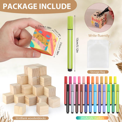 Baby Shower Games Sign Kit with 50 Blank Wooden Baby Blocks, 24 Acrylic Paint Marker and Wooden Sign, Blocks for Baby Shower, Gender Reveals Party(Green)