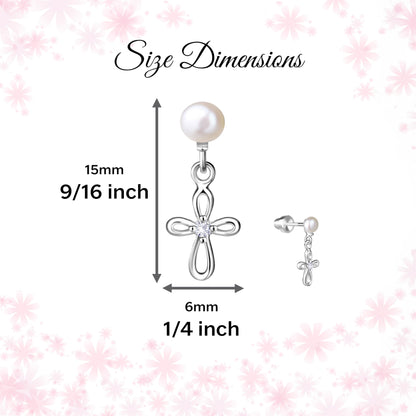 Cherished Moments Children's Sterling Silver Cultured Pearl or CZ, Dangling Cross Earrings with Screw Backs for Baptism, Christening, First Communion Gift for Babies, Kids, Toddlers, and Little Girls