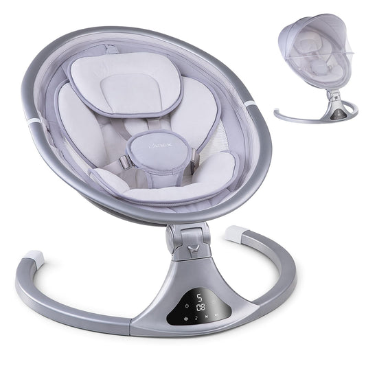 LAREX Baby Swing to Toddler Electric Infant Swing Portable for Newborn Boy Girl, 5 Sway Speeds with Remote Control, 12 Preset Melodies and Bluetooth, 0-6 Months Max 20 Lbs(Dark Wood Grain)