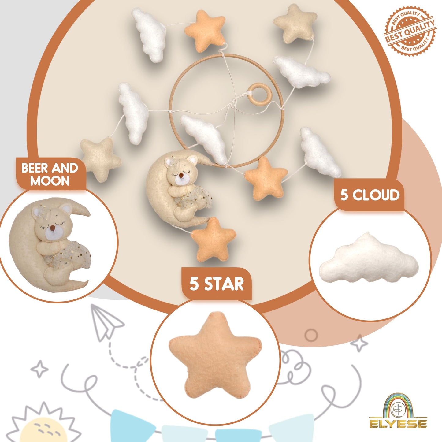 Crib Mobile for Girls, Sleeping Princess Bear Baby Mobile for Crib, Handmade Felt Crib Mobile, Baby Crib Mobile with Cloud and Stars, Nursery Baby Mobile for Bassinet (Cinnamon)