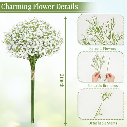 MARTINE MALL Babys Breath Artificial Flowers, 15 PCS White Baby Breath Flowers Artificial Bulk, Fake Babys Breath Gypsophila Real Touch Faux Babys Breath for Wedding Floral Arrangement Home Decor
