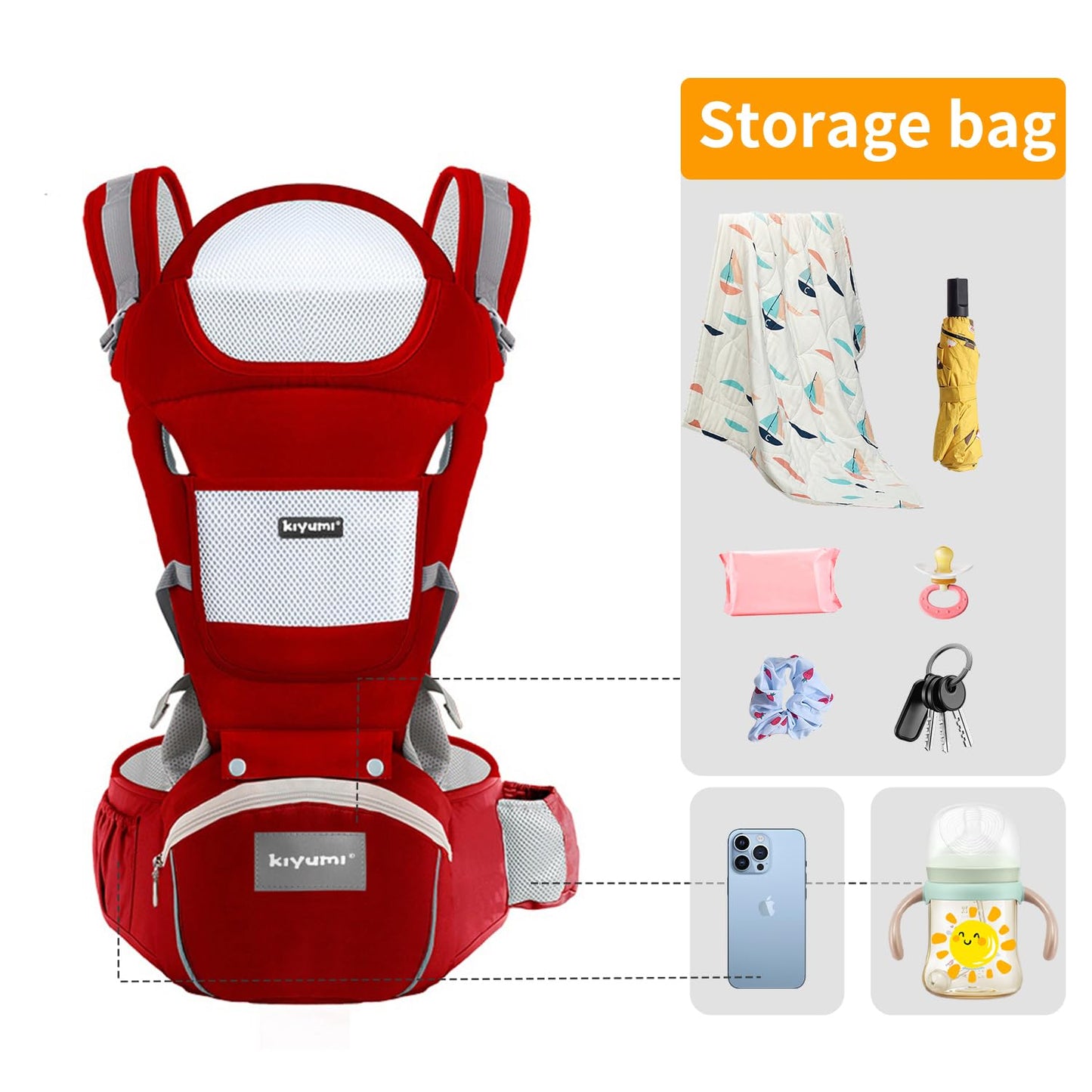 KIYUMI Baby Carrier with Hip Seat, 6- in-1 Baby Carrier Newborn to Toddler, Ergonomic M Position with Head Support and Breathable Mesh,Adjustable Removable Baby Sling Carrier (7-45 lbs) BXLU