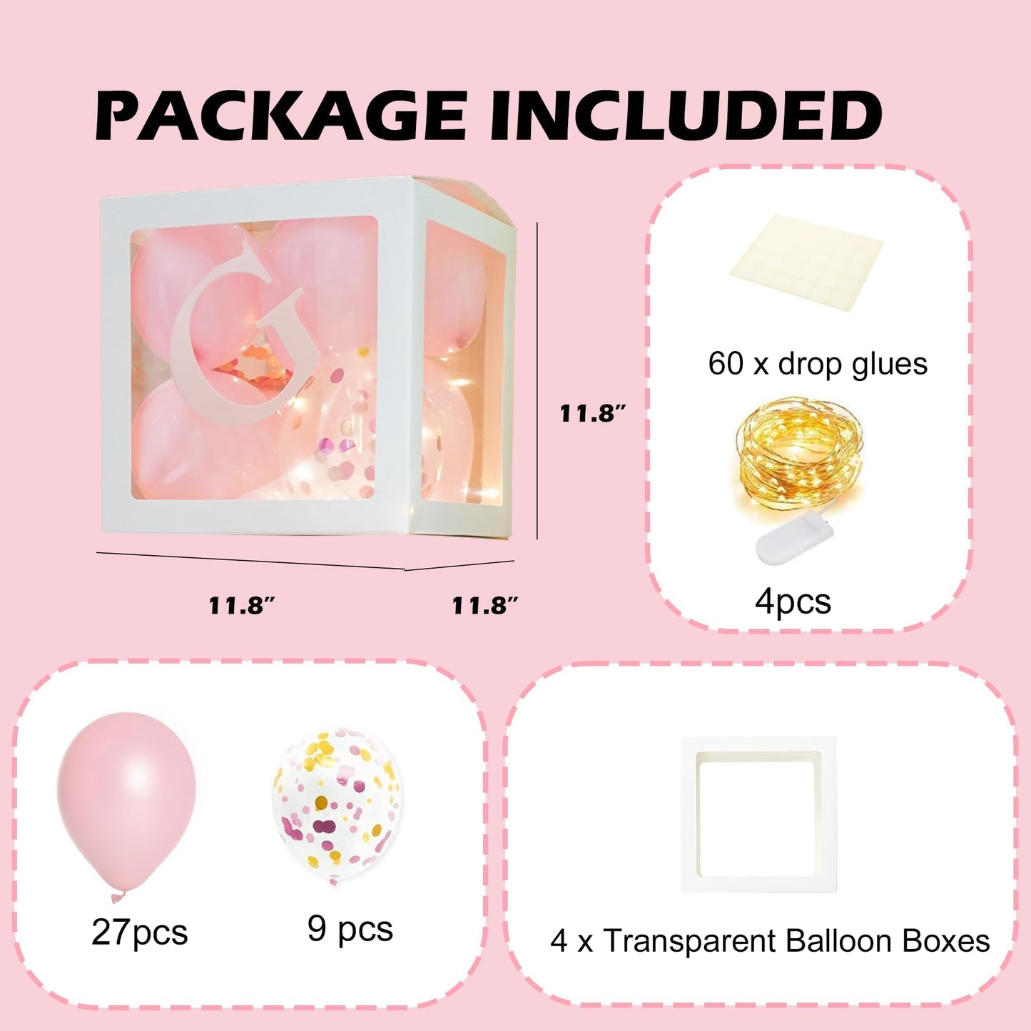 Uptotop Baby Shower Balloon Box Decorations, 4 Pcs Baby Blocks Transparent Balloon Boxes with Letters, Fairy String Lights and 36 Pcs Latex Balloons for Decor, Pink