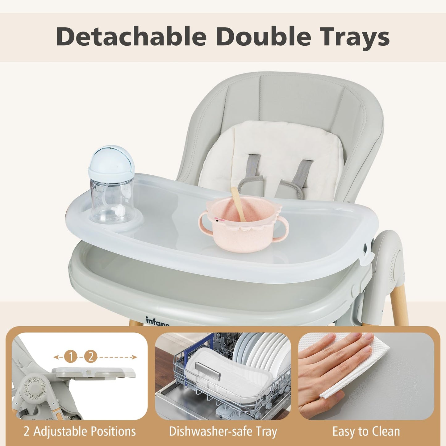 INFANS Baby High Chair, High Chairs for Babies & Toddlers with Adjustable Height Backrest Footrest Removable Tray, Easy to Clean PU Seat Convertible Quick Folding Portable Highchair (Dark Gray)