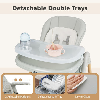 INFANS Baby High Chair, High Chairs for Babies & Toddlers with Adjustable Height Backrest Footrest Removable Tray, Easy to Clean PU Seat Convertible Quick Folding Portable Highchair (Dark Gray)