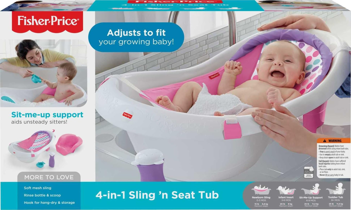 Fisher-Price Baby to Toddler Bath 4-in-1 Sling ‘n Seat Tub with Removable Infant Support and 2 Toys, Climbing Leaves