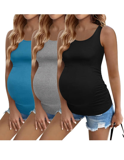 Ekouaer 3 Pack Women Maternity Tank Tops Ruch Side Basic Shirts Summer Postpartum Tops Sleeveless Pregnancy Workout Clothes
