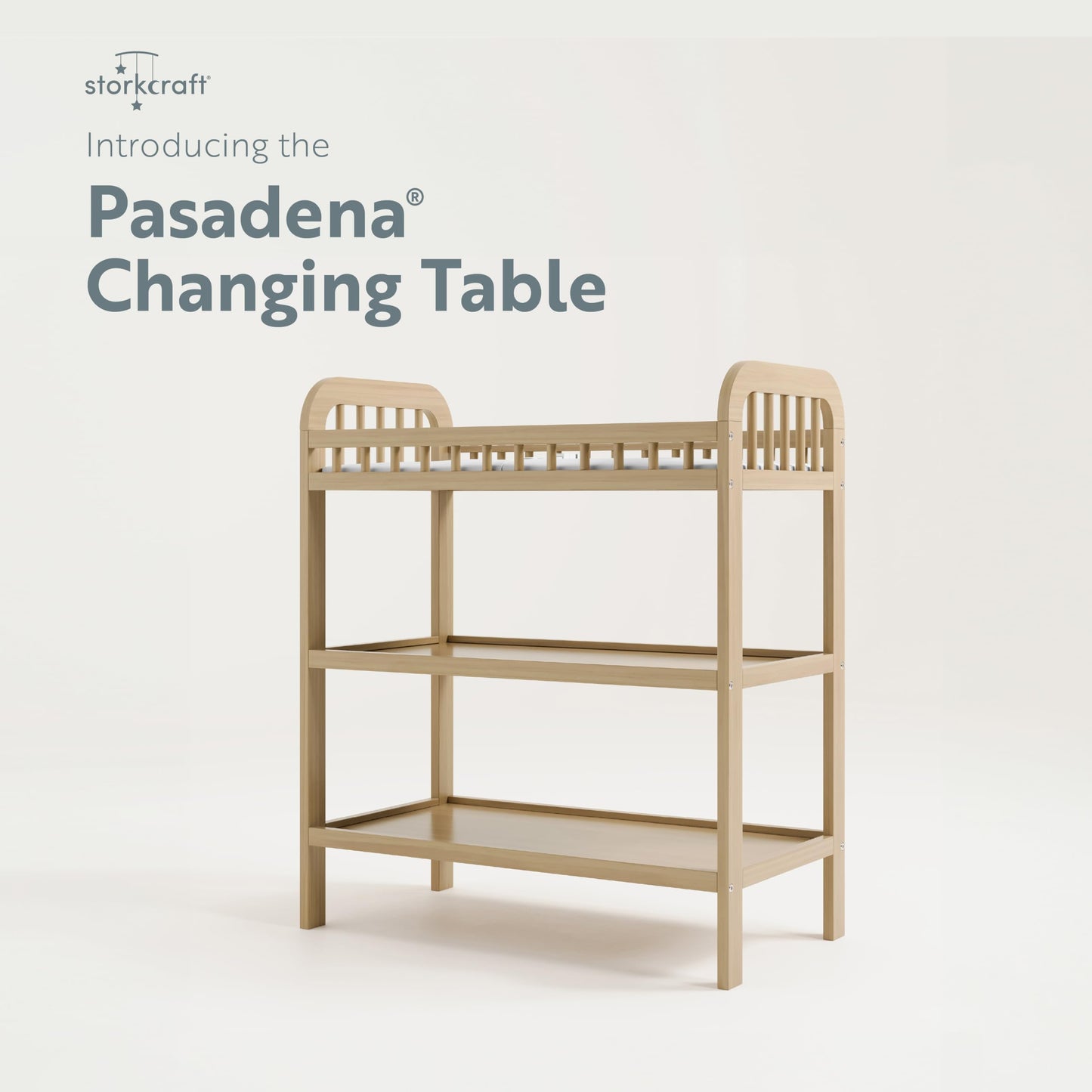 Storkcraft Pasadena Changing Table with Water-Resistant Changing Pad (Driftwood) - GREENGUARD Gold Certified, Includes Bonus Water-Resistant Changing Pad with Safety Strap, 2 Open Shelves