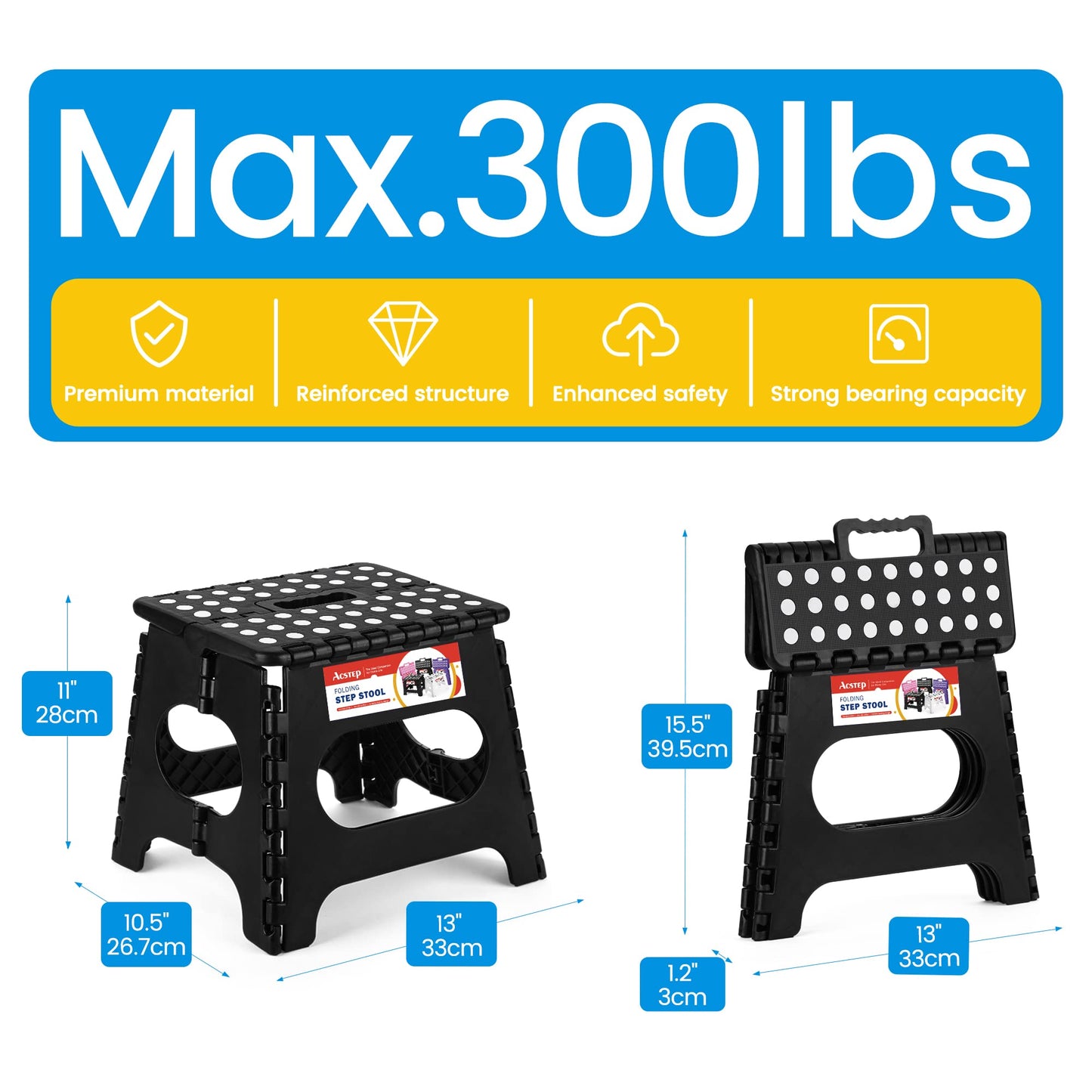 ACSTEP Folding Step Stool 9'' Tall Kids Step Stool Holds Up to 300 lb Plastic Foldable Step Stools for Kids Non-Slip Surface with Carry Handle Collapsible Stool for Home, Outdoor and Indoor(Black)
