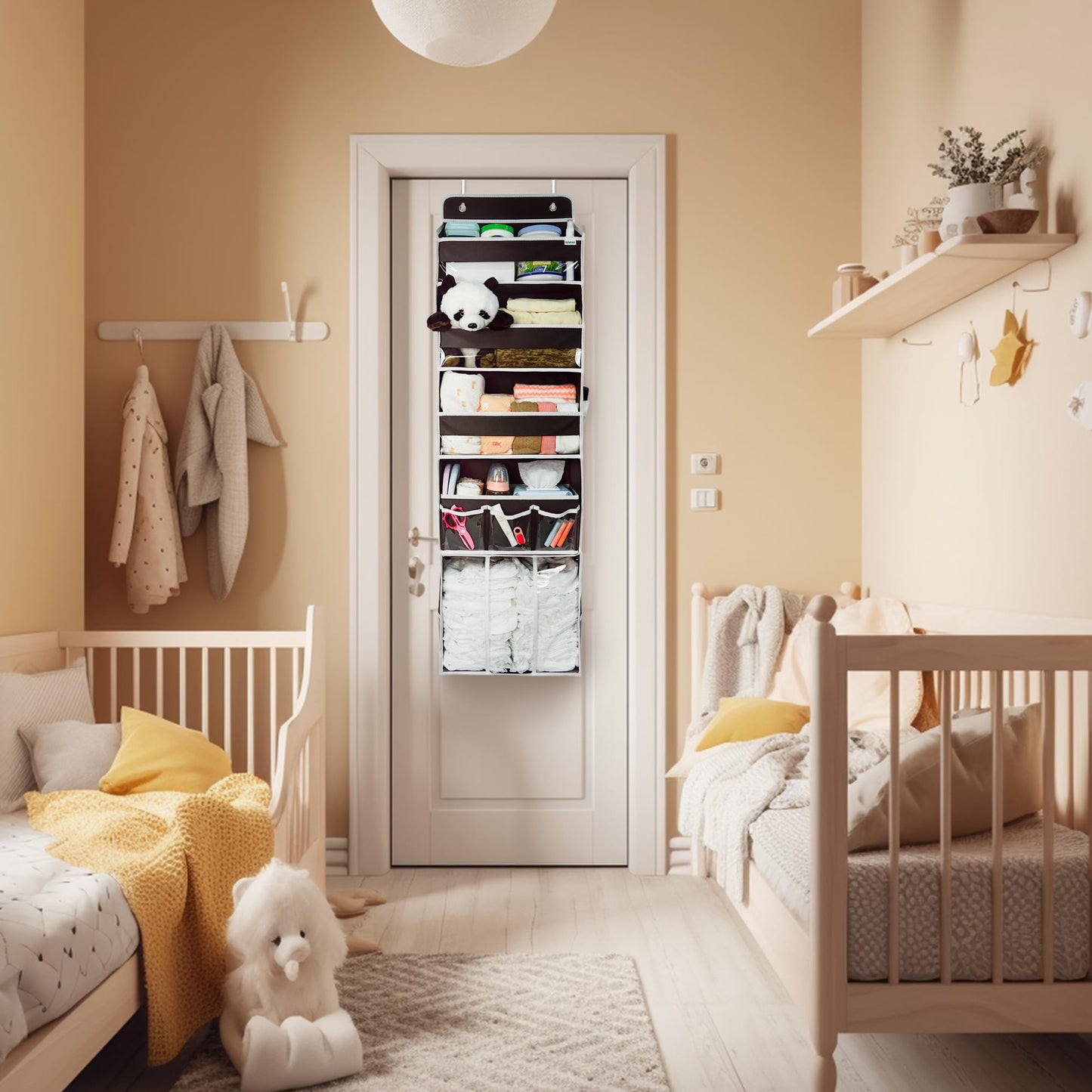 Door Hanging Storage Organizer,with 3 Bins 1 Movable Baby Diaper Caddy,1 Large capacity diaper stacking storage Organizer,10 Side Pockets ,Bedroom Door Storage for Nursery Baby Essentials. (Beige)