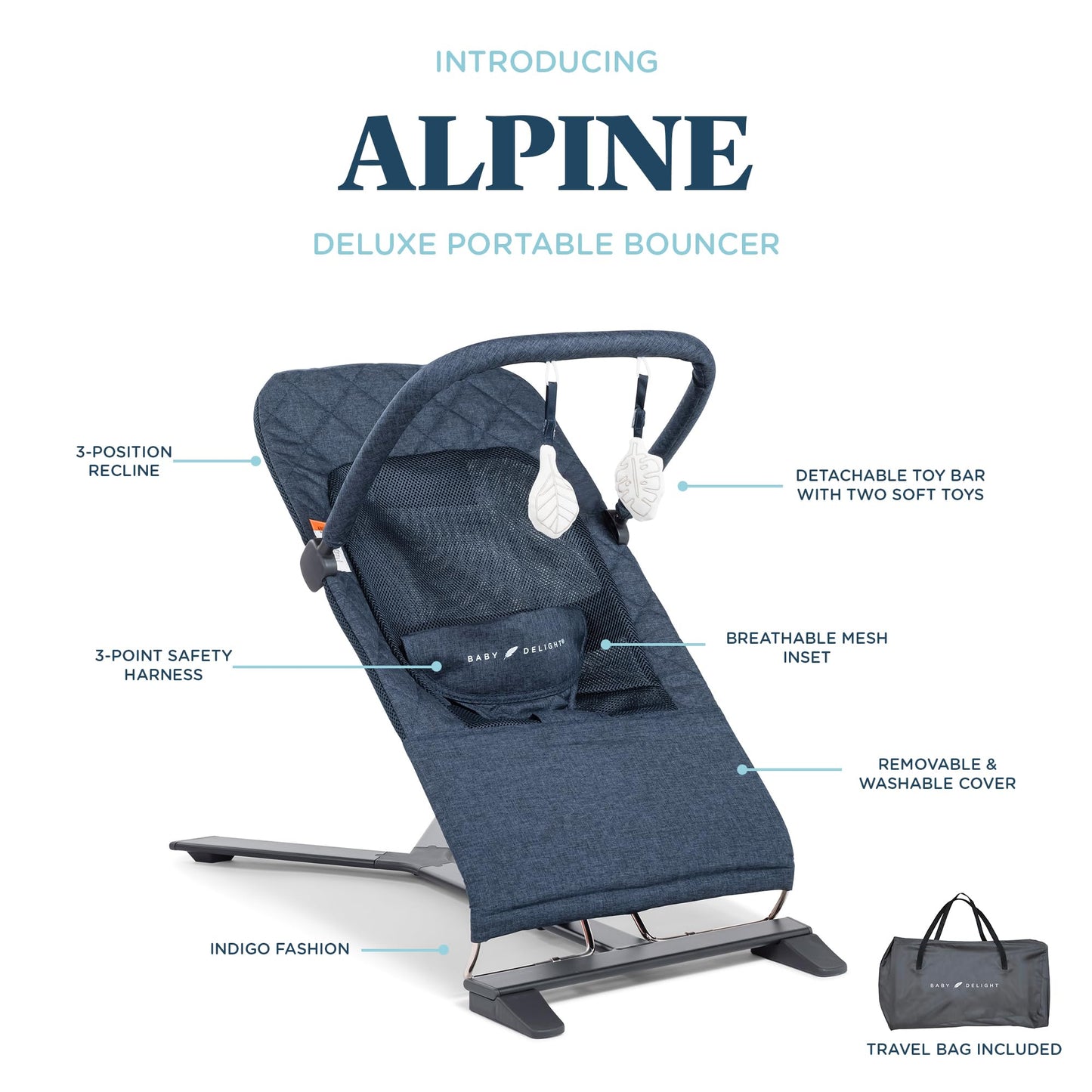 Baby Delight Alpine Deluxe Portable Bouncer, Infant, 0-6 Months, 100% GOTS Certified Cotton Fabrics, Organic Oat