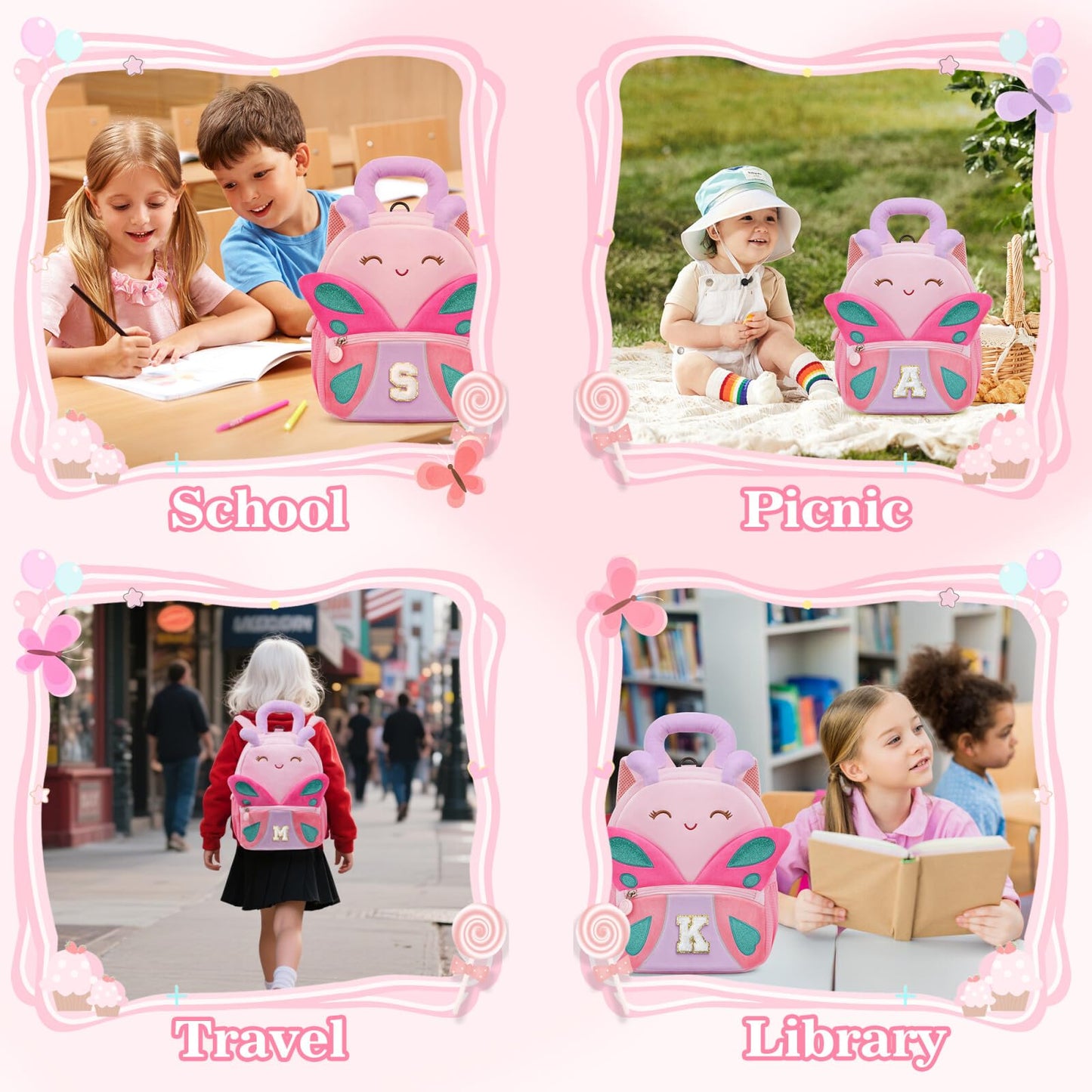 YOOLIFE Initial Birthday Gifts for Girls Kids Personalized Kids Backpack for Little Girls, Kindergarten Elementary School Bookbag for Girl Toddler Teen Gift for Daughter Sister Pink Backpack A