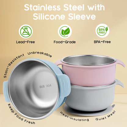 Bella’s Friends Stainless Steel and Silicone Baby Bowls with Suction 3 Pack, 4.3” for Toddlers Kids Feeding, Non-Slip, Non-Toxic, Mess-Free, Dishwasher Safe, Fit High Chair Size, light pink beige pink
