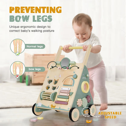 Wooden Baby Walker, Baby Push Walker for Girls and Boys, Montessori Toy, Learning to Walk with Activity Center, Push and Pull Toys with Wheel Adjustable Speed