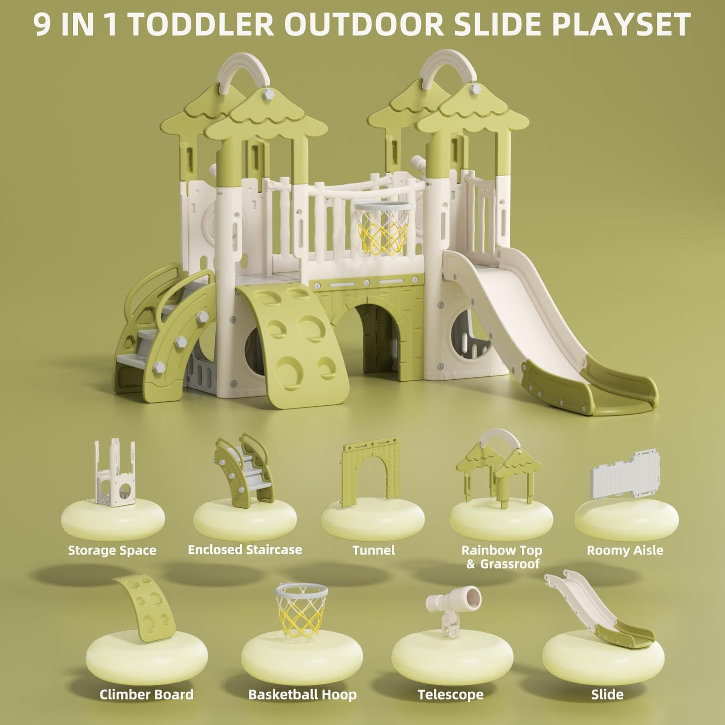 KORIMEFA 10-in-1 Toddler Slide, Kid Double Slide for Toddlers Age 1-3, Basketball Hoop, and Telescope, Indoor Outdoor Slide Toddler Playset Toddler Playground, Forest Themed Brown