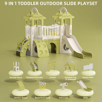 KORIMEFA 10-in-1 Toddler Slide, Kid Double Slide for Toddlers Age 1-3, Basketball Hoop, and Telescope, Indoor Outdoor Slide Toddler Playset Toddler Playground, Forest Themed Brown