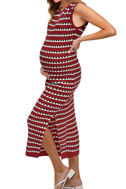 OUGES Women's 2025 Summer Maternity Dress Knit Sleeveless Crewneck Midi Dress Side Slit Striped Bodycon Sweater Dress