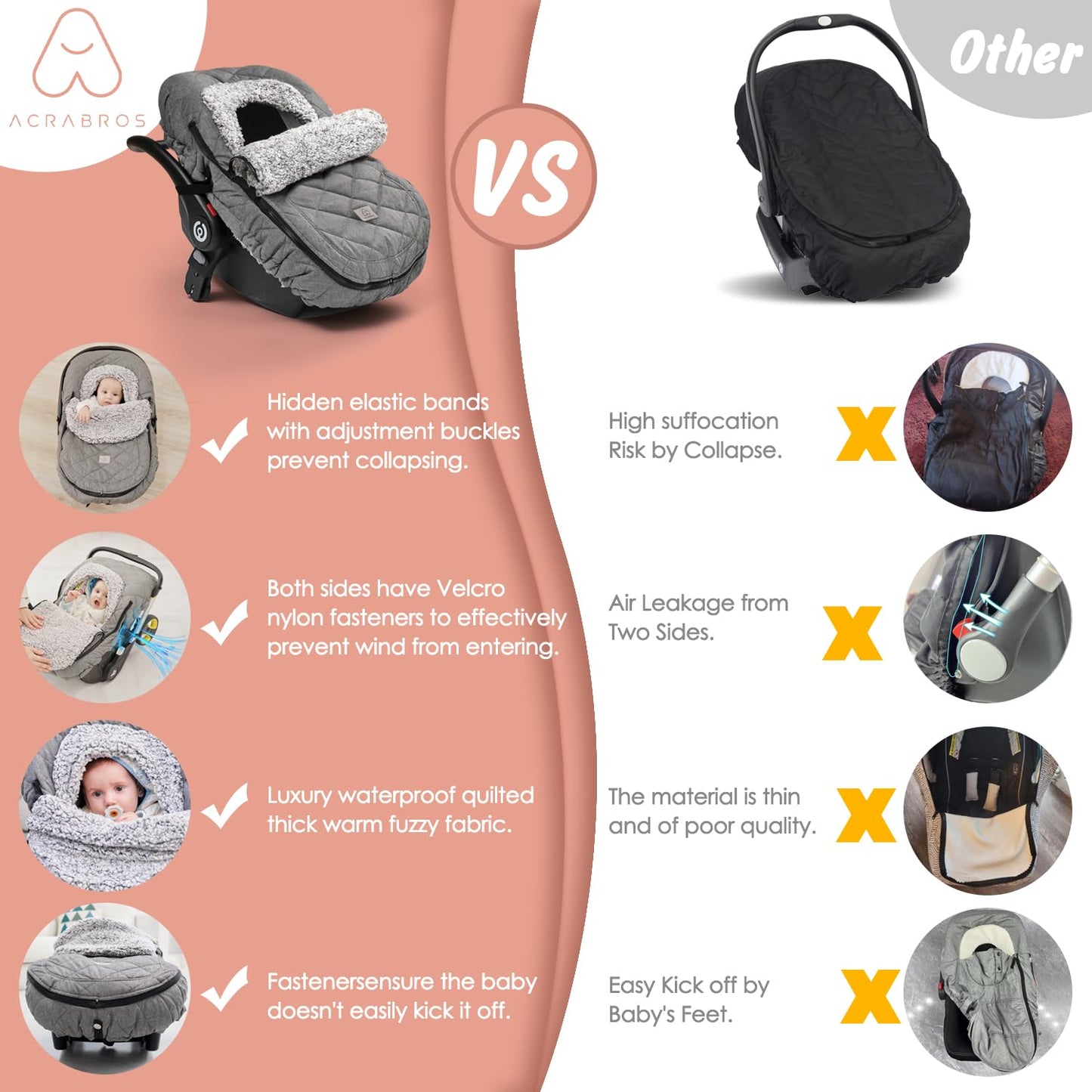 ACRABROS Car Seat Cover Baby: Winter Infant Carseat Canopy for Boy Girl Newborn Zipper Peeping Window Warm Cozy Cold Weather Waterproof Universal Fitted Heather Grey