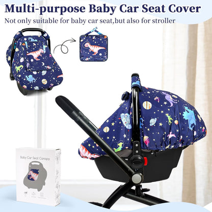 Baby Car Seat Cover Winter, Windproof Blue Carseat Covers for Newborn with 2 Layers Window, Dinosaurs Infant Car Seat Canopy for Boys with Minky Dot Backing, Keeps Babies Warm and Cozy