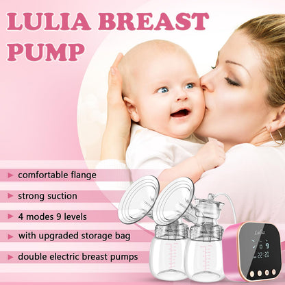 Double Electric Breast Pump Strong Suction, Portable Breast Pump Electric Breastfeeding Pump, Rechargeable Milk Pump with 4 Modes & 9 Levels, Low Noise, Anti-Backflow & LED Display, 24mm Flange, Pink
