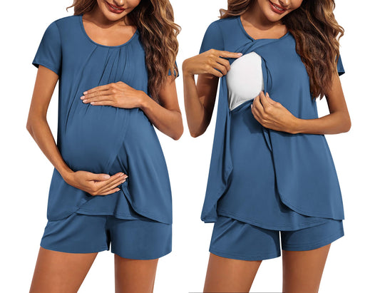 Ekouaer Women's Maternity Nursing Pajamas Set Breastfeeding Sleepwear Double Layer Short Sleeve Top & Shorts Nursing Pjs