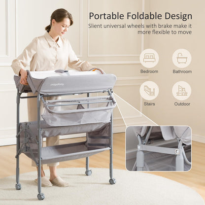 Baby Changing Table with Wheels, Maydolly Portable Foldable Changing Table, Waterproof Diaper Changing Station, Adjustable Height Changing Station, Mobile Nursery for Newborn and Infant (Grey)