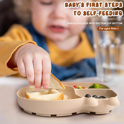 Silicone Baby Plate with Super Suction – Snail Shape 3 Compartment Toddler Food Plate Self Feeding Unbreakable Eating Supplies for Boys and Girls (Pink) (Green)
