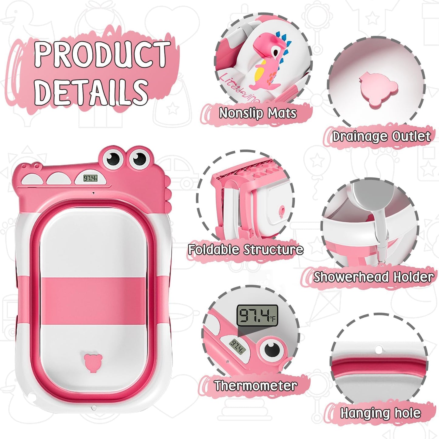 MoreFeel Collapsible Baby Bathtub for Newborn with Thermometer & 1 Hooded Towel & 1 Soft Floating Cushion,Portable Travel Bathtub with Drain Hole, Durable Foldable Baby Tubs for Infants to Toddler