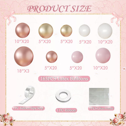 Rose Gold Balloon Arch Kit, 163pcs Metallic Rose Gold Balloon Garland Kit Include Pink White and Gold Balloons Wedding Birthday Bridal Baby Shower Party Mothers Day Bachelorette Decorations