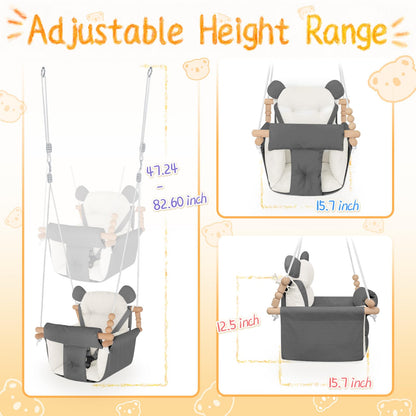 Baby Swing Indoor Outdoor,Secure Canvas Wooden Toddler Swing Seat, 3-Point Adjustable Safety Harness,Mounting Hardware Included,Gift for Boys and Girls,White
