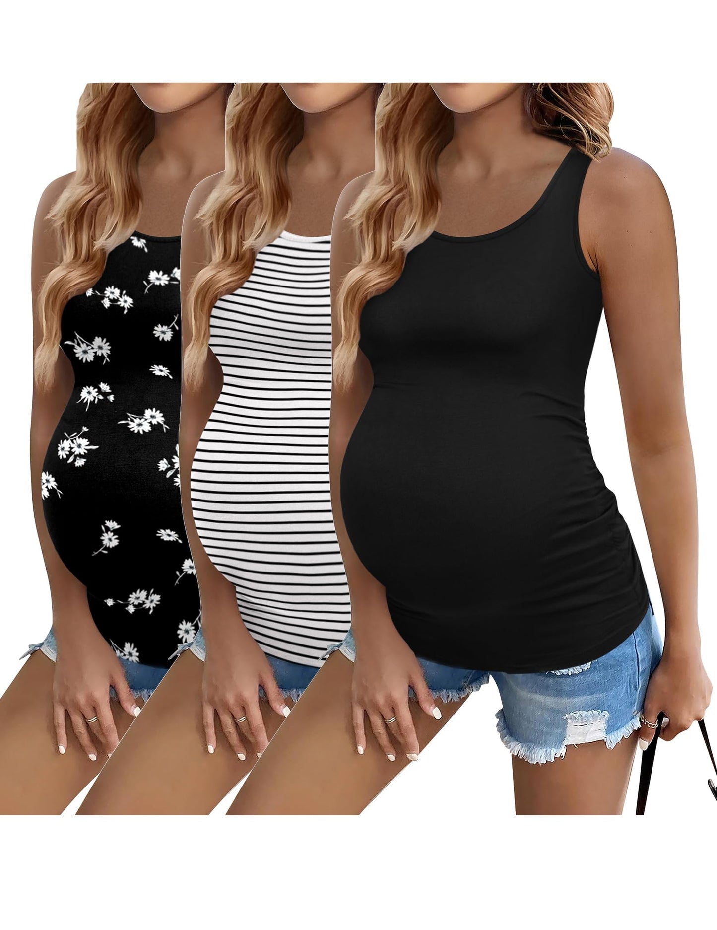 Ekouaer 3 Pack Women Maternity Tank Tops Ruch Side Basic Shirts Summer Postpartum Tops Sleeveless Pregnancy Workout Clothes