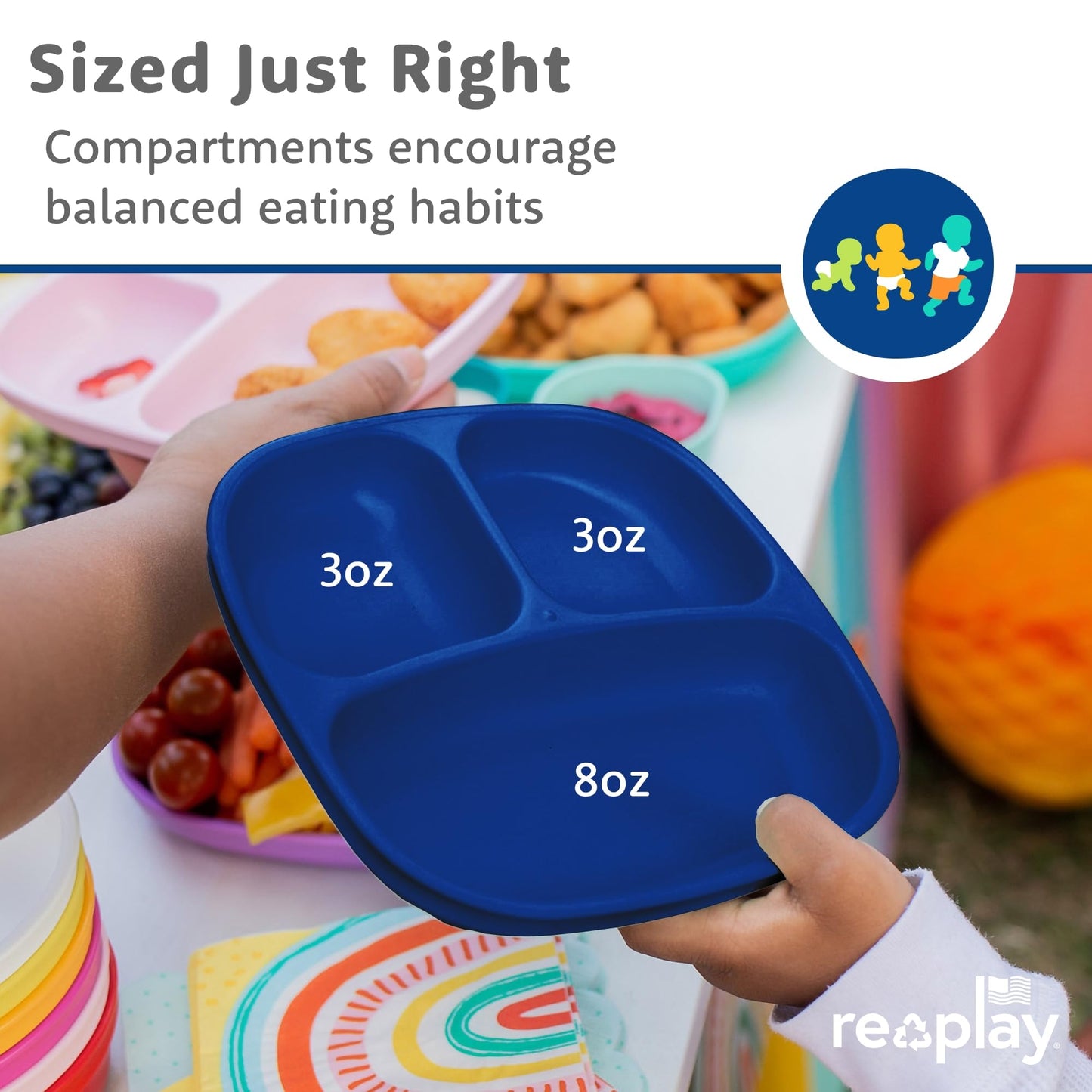 Re-Play Toddler Plates with Dividers - Deep-Walled 3 Compartments Divided Plates for Kids - Dishwasher & Microwave Safe - Made in USA - Set of 3-7.37" x 7.37" x 1.25" - Princess