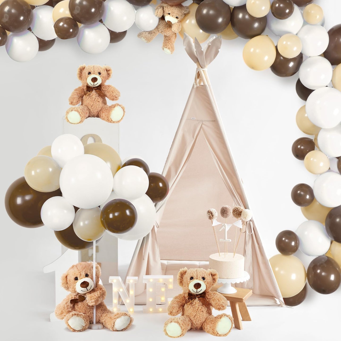 Meooeck 185 Pcs Bear Baby Shower Party Decorations Table Centerpieces 5 Pcs 13. 5'' Gender Reveal Bears 180 Balloons Kit Baby Shower Table Decor for Birthday Wedding(Green, Brown, Nude, White)