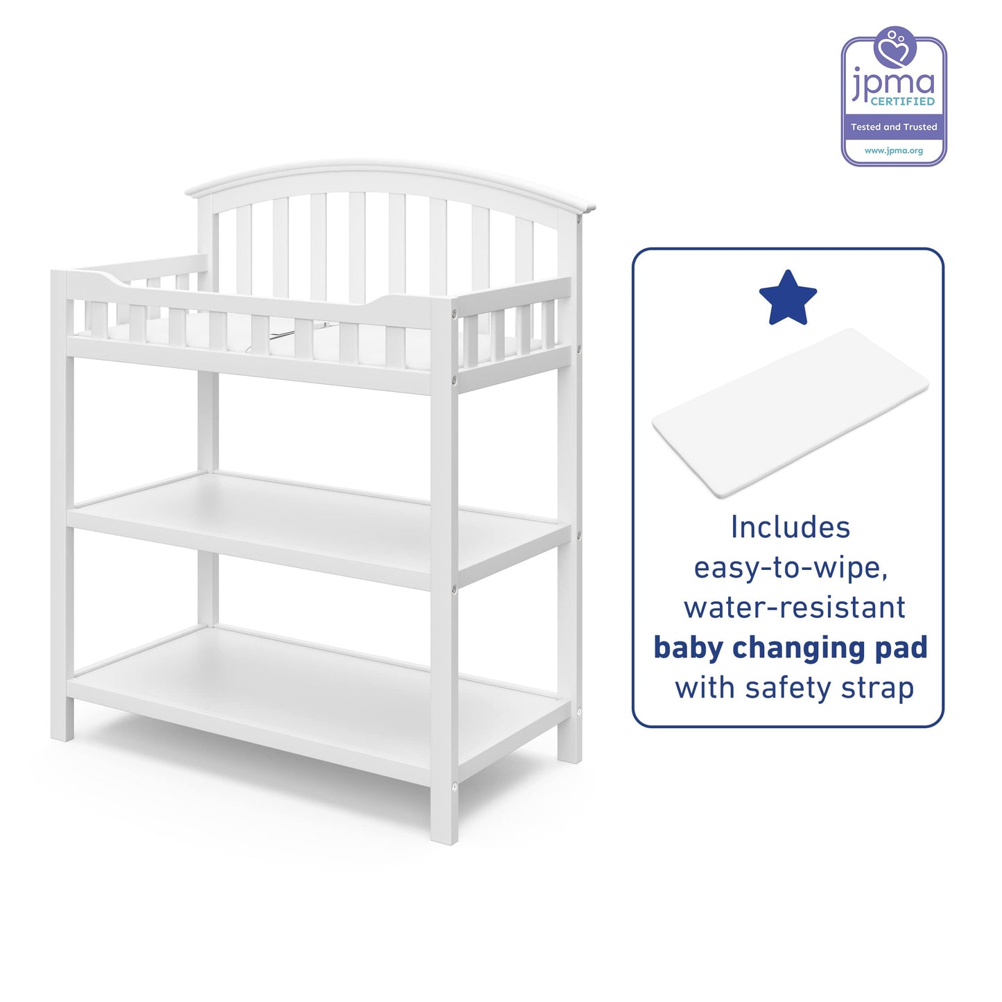 Graco Changing Table with Water-Resistant Changing Pad (White) – GREENGUARD Gold Certified, Multi Storage Nursery Changing Table for Infants and Babies