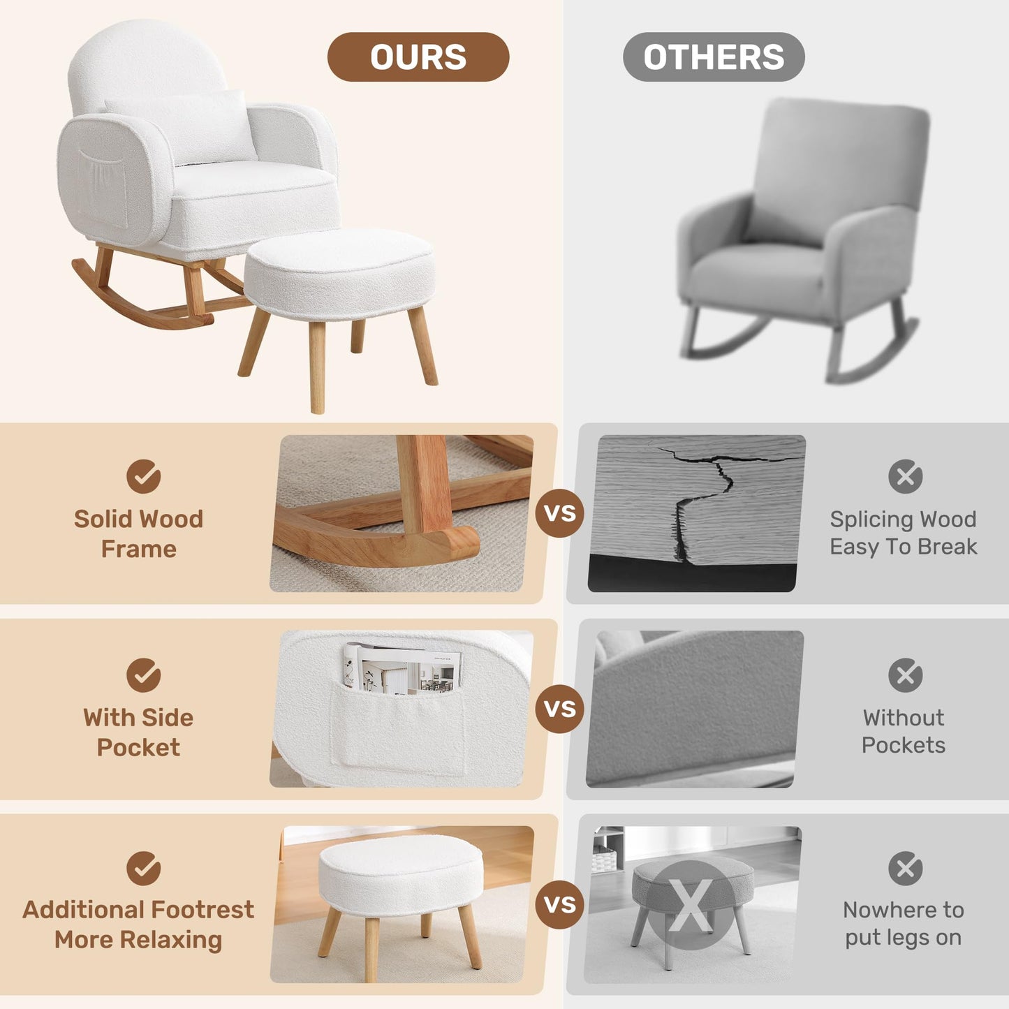 Rocking Chair with Ottoman, Upholstered Glider Rocker with High Backrest and Side Pocket, Rocking Accent Armchair with Solid Wood Legs for Nursery, Living Room, Bedroom Green