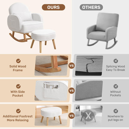 Rocking Chair with Ottoman, Upholstered Glider Rocker with High Backrest and Side Pocket, Rocking Accent Armchair with Solid Wood Legs for Nursery, Living Room, Bedroom Green