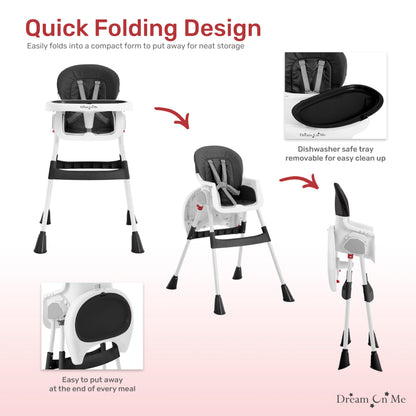 Dream On Me Portable 2-in-1 Tabletalk High Chair, Convertible Compact High Chair, Light Weight Portable Highchair, Grey