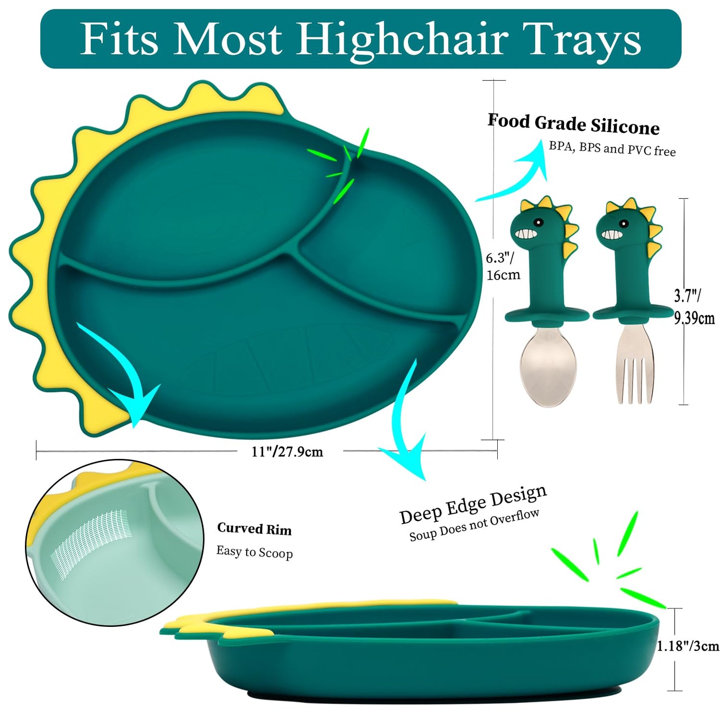 Silicone Suction Plates for Baby Toddler with Spoon Fork set Divided Dinosaurs Plates Self Feeding Training Baby Dinner Plate-Green Dinosaurs Plate Set