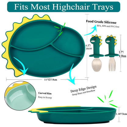 Silicone Suction Plates for Baby Toddler with Spoon Fork set Divided Dinosaurs Plates Self Feeding Training Baby Dinner Plate-Green Dinosaurs Plate Set