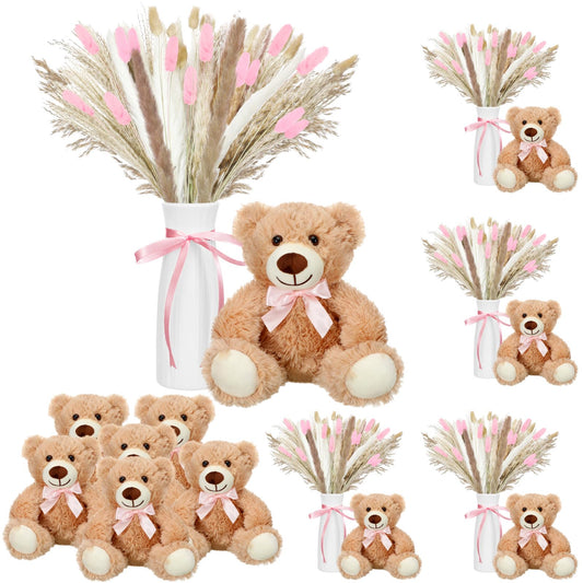 6 Sets 123 Pcs Baby Shower Table Centerpieces Dried Pampas Decor Bear Stuffed Ceramic Look Plastic Vase with Bow for Boho Wedding Bridal Shower Flowers Table Decorations(Brown,Neutral)