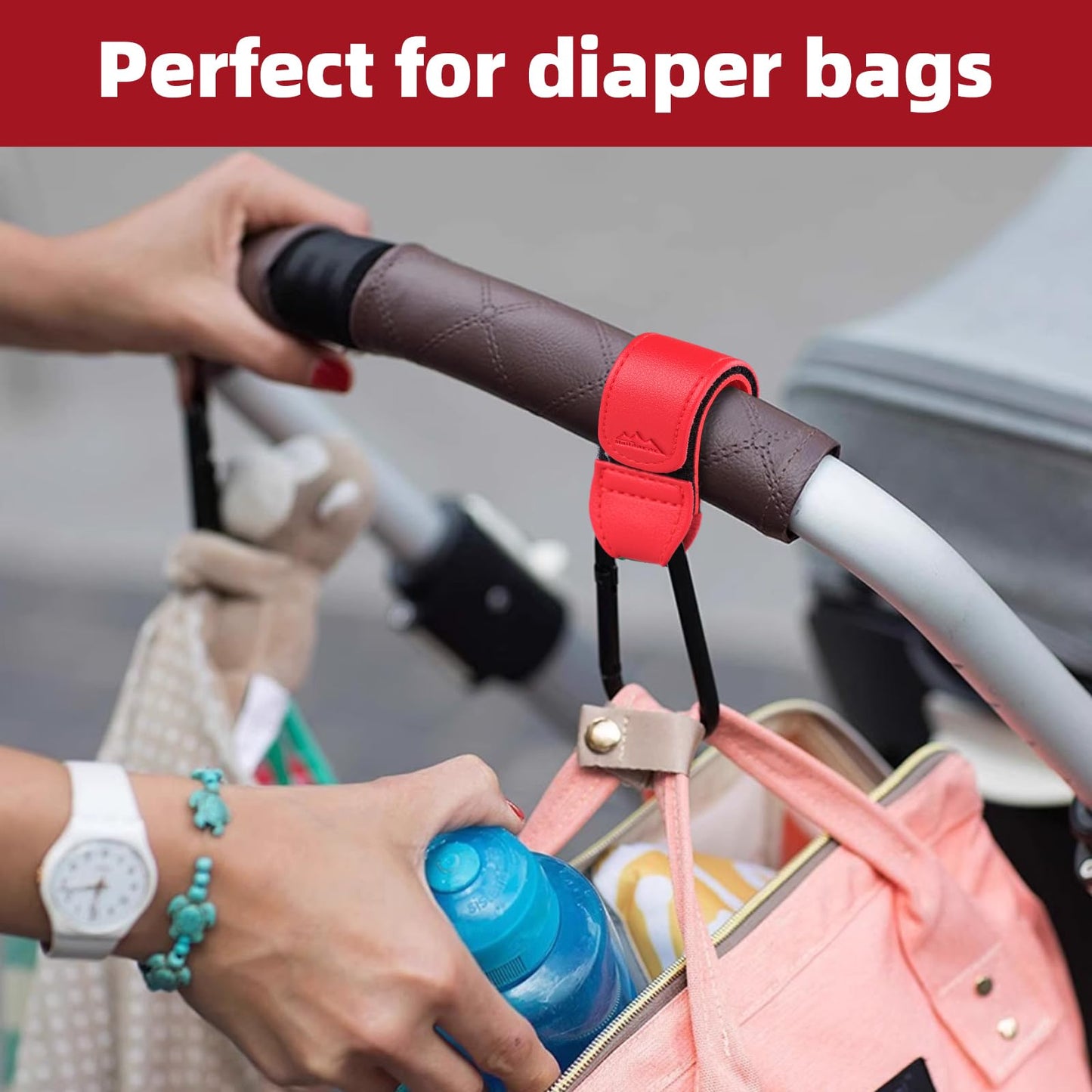 Baby Stroller Hooks Bag Hooks for Hanging Diaper Bags Multipurpose Hooks for Grocery Shopping Bags Premium Vegan Leather Pram Straps 2 Pcs (Green)
