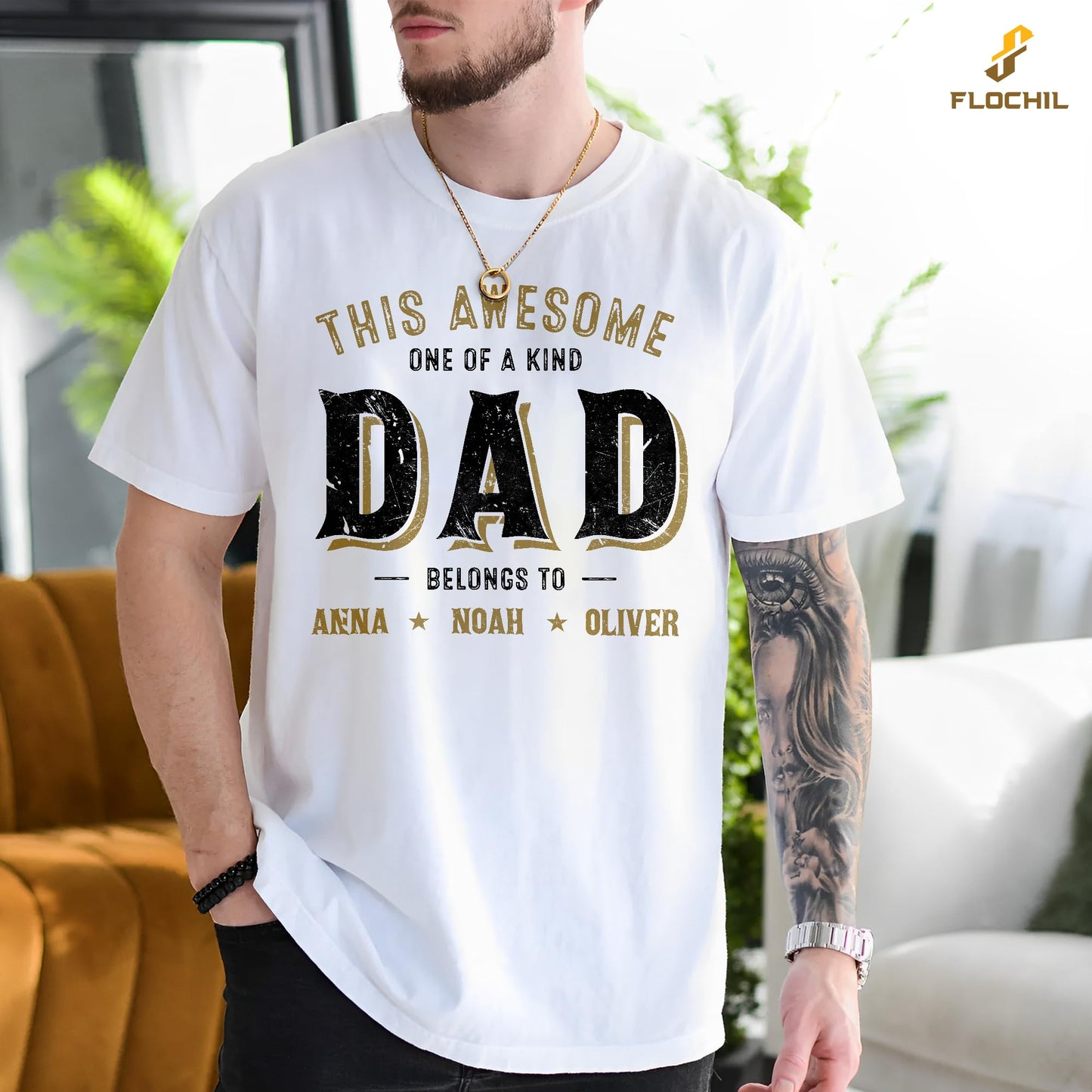 FLOCHIL Personalized Dad Shirt for Men, Custom Dad Shirt with Kids Names, Customized Fathers Day T Shirt, Gifts for Dad