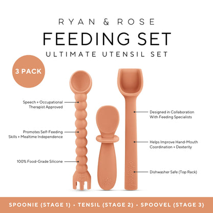 Ryan & Rose Ultimate Utensil Set of 3 Silicone Baby Spoons Silicone baby feeding set for baby led weaning, baby spoons self feeding 6 months, baby utensils, toddler utensils (Rose), Child