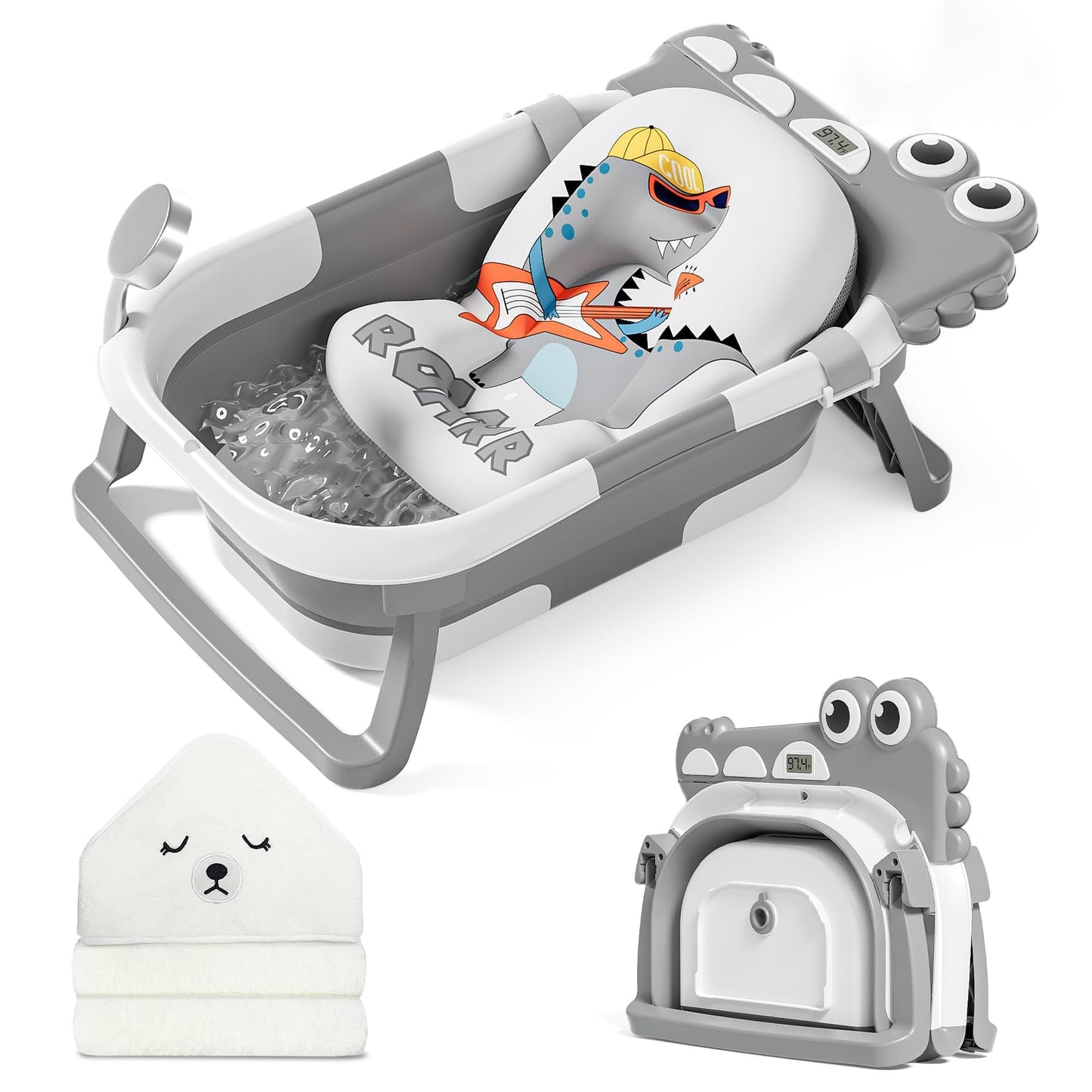 MoreFeel Collapsible Baby Bathtub for Newborn with Thermometer & 1 Hooded Towel & 1 Soft Floating Cushion,Portable Travel Bathtub with Drain Hole, Durable Foldable Baby Tubs for Infants to Toddler