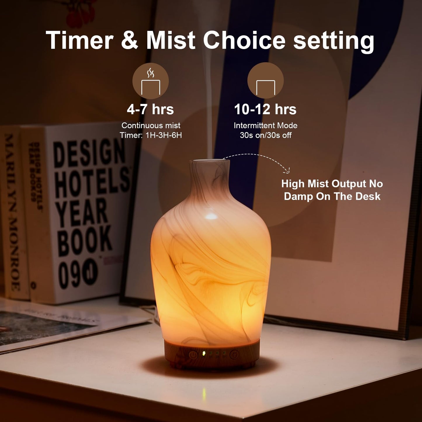 Essential Oil Diffuser Hand Blown Glass Aromatherapy Diffuser - Ultrasonic Cool Mist Scent Aroma Diffuser, Whisper Quiet with Auto Shut-Off, Timer Setting &7 Colors Night Light for Home
