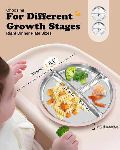 Stainless Steel Baby Plate with Suction, 9” Divided Toddler Plates with Removable Silicone Sleeves for Kids, Non-Toxic Non-Slip Unbreakable Dishwasher Safe Dinnerware Set of 2, Pink & Beige