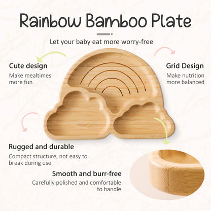 Bamboo Suction Plates Bowls Set for Baby Toddler Divided Platter Food bowl with Silicone Fork & Spoon All-Natural Baby Feeding Set for Baby-Led Weaning, Non-Slip Design