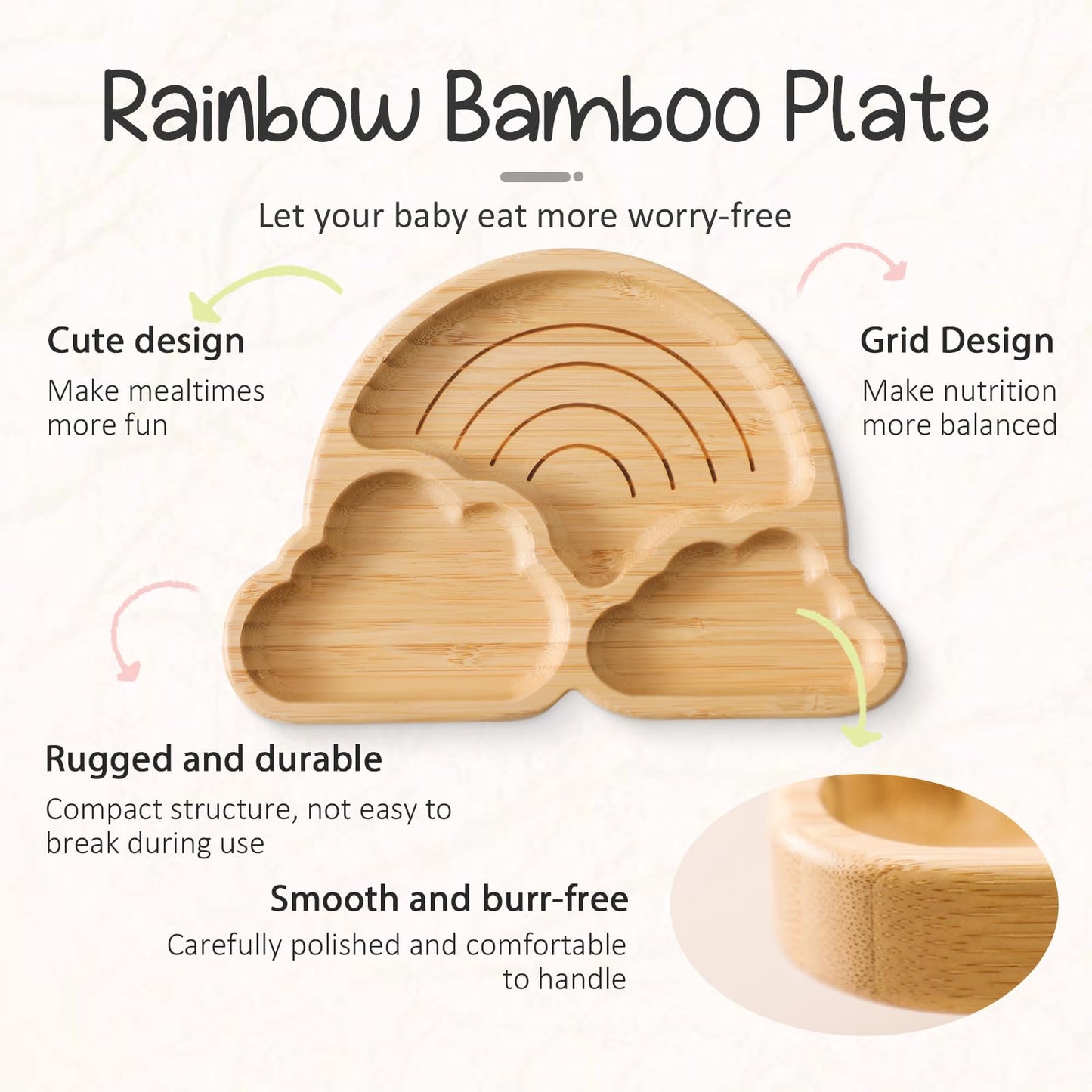 Bamboo Suction Plates Bowls Set for Baby Toddler Divided Platter Food bowl with Silicone Fork & Spoon All-Natural Baby Feeding Set for Baby-Led Weaning, Non-Slip Design